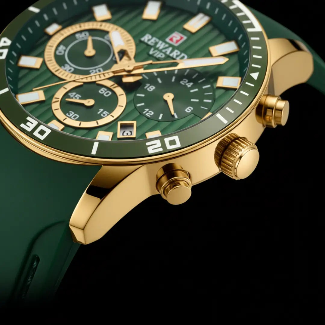 Relógio esportivo masculino verde e dourado Aurion Sport 44mm coroa