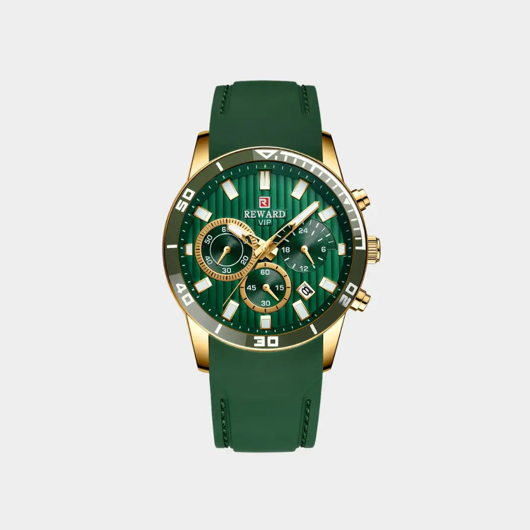 Relógio esportivo masculino verde e dourado Aurion Sport 44mm com vista frontal
