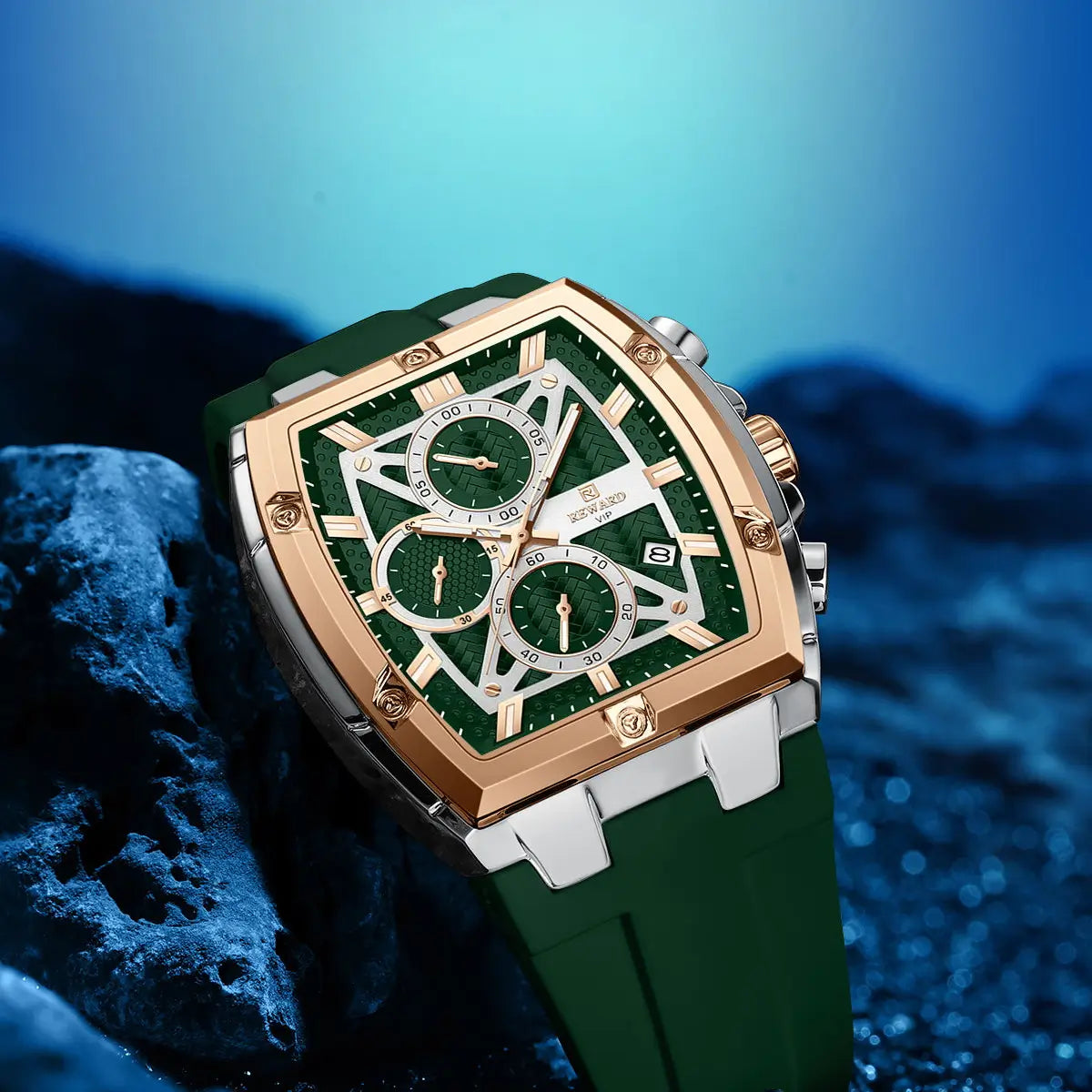 Relógio esportivo masculino verde Reward VIP GrandMaster Tonneau com close no cristal
