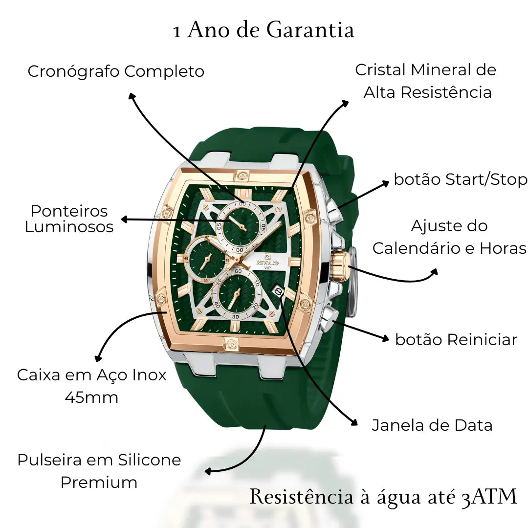 Relógio esportivo masculino verde Reward VIP Grandmaster com foco em características