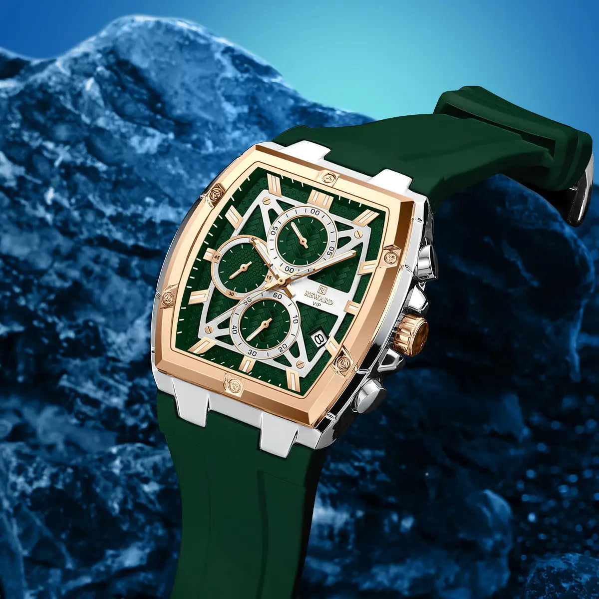 Relógio esportivo masculino verde Reward VIP GrandMaster Tonneau com vista do cristal