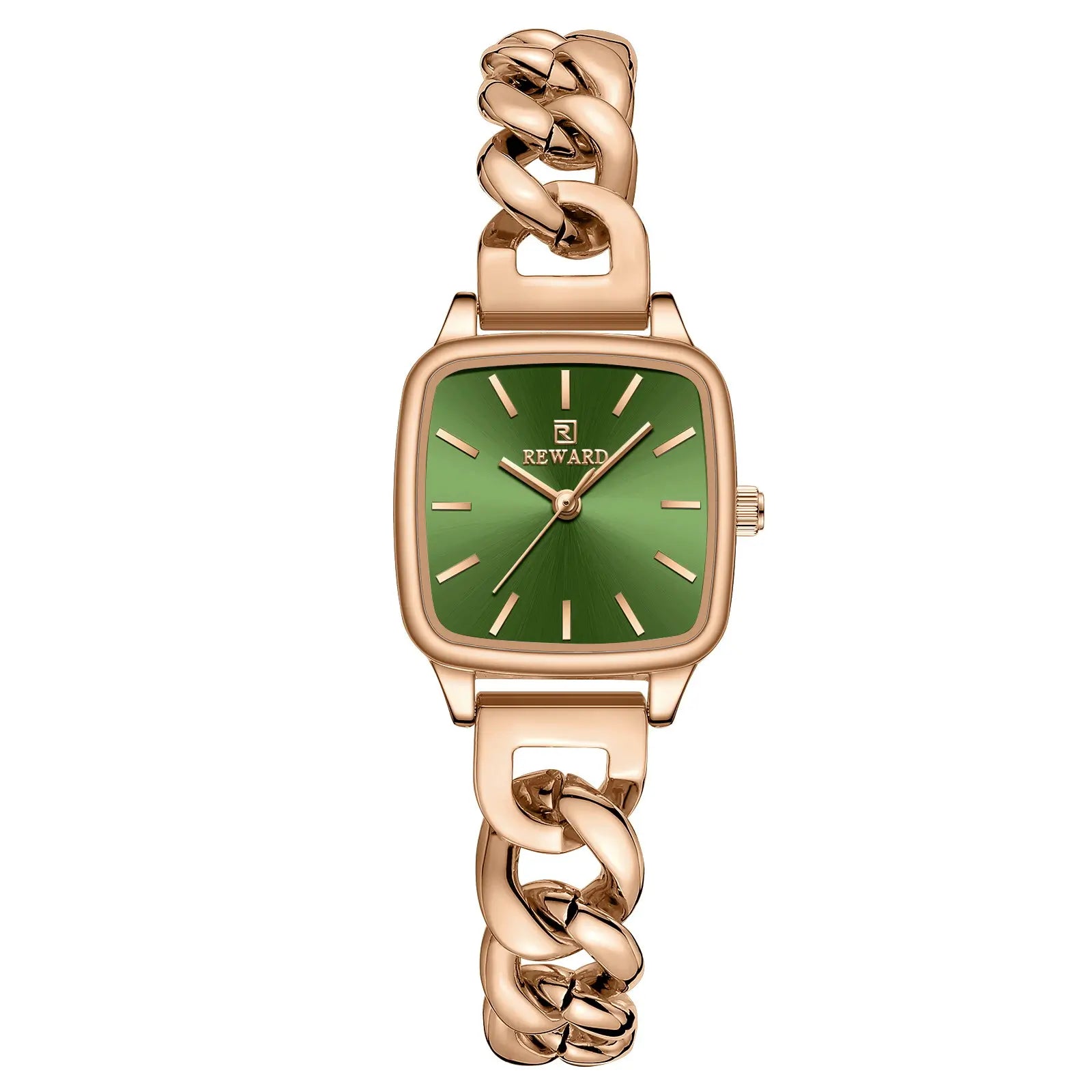 Relógio feminino pequeno de cor rosé gold e formato quadrado visto de frente