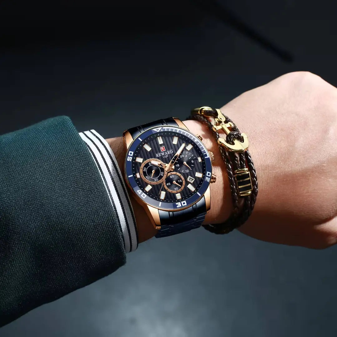 Pulseira azul em aço polido do relógio de luxo masculino Aurion