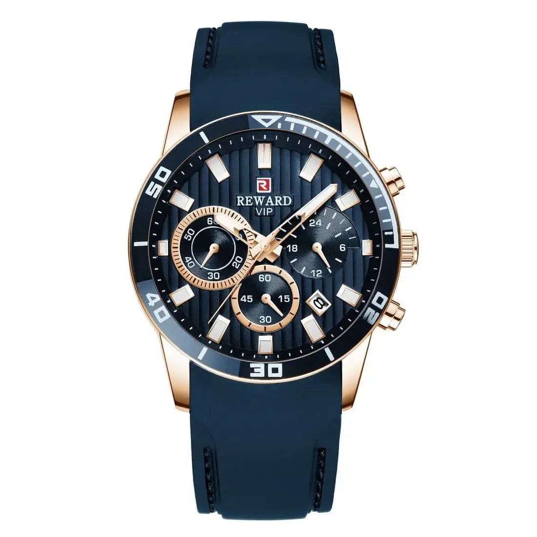 Relógio masculino azul esportivo Reward VIP Aurion Blue Gold em vista frontal, com mostrador azul profundo e detalhes em dourado que destacam a sofisticação do design