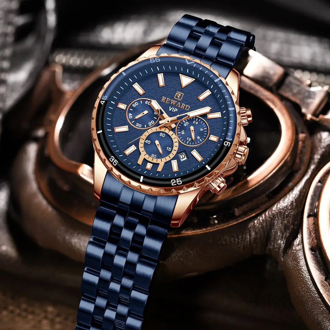 Aço inoxidável reward vip essence - Relógio masculino azul e ouro rosé
