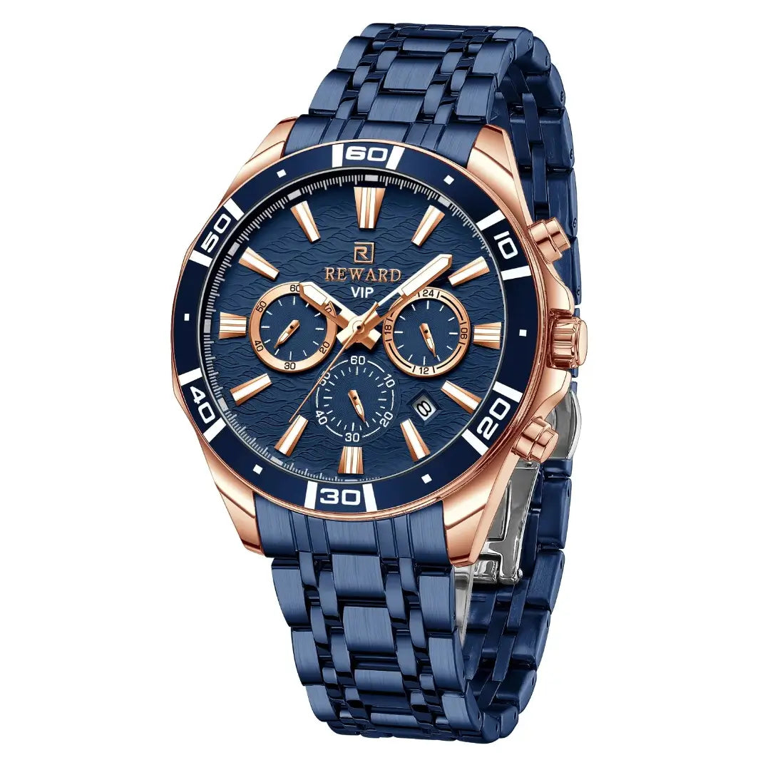Relógio masculino REWARD VIP azul com detalhes em dourado rosé, cronógrafo sofisticado e pulseira de aço premium.