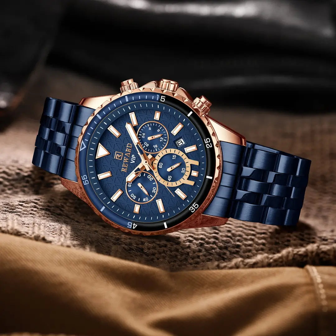 Relógio masculino azul e ouro rosé reward vip essence com movimento quartzo.