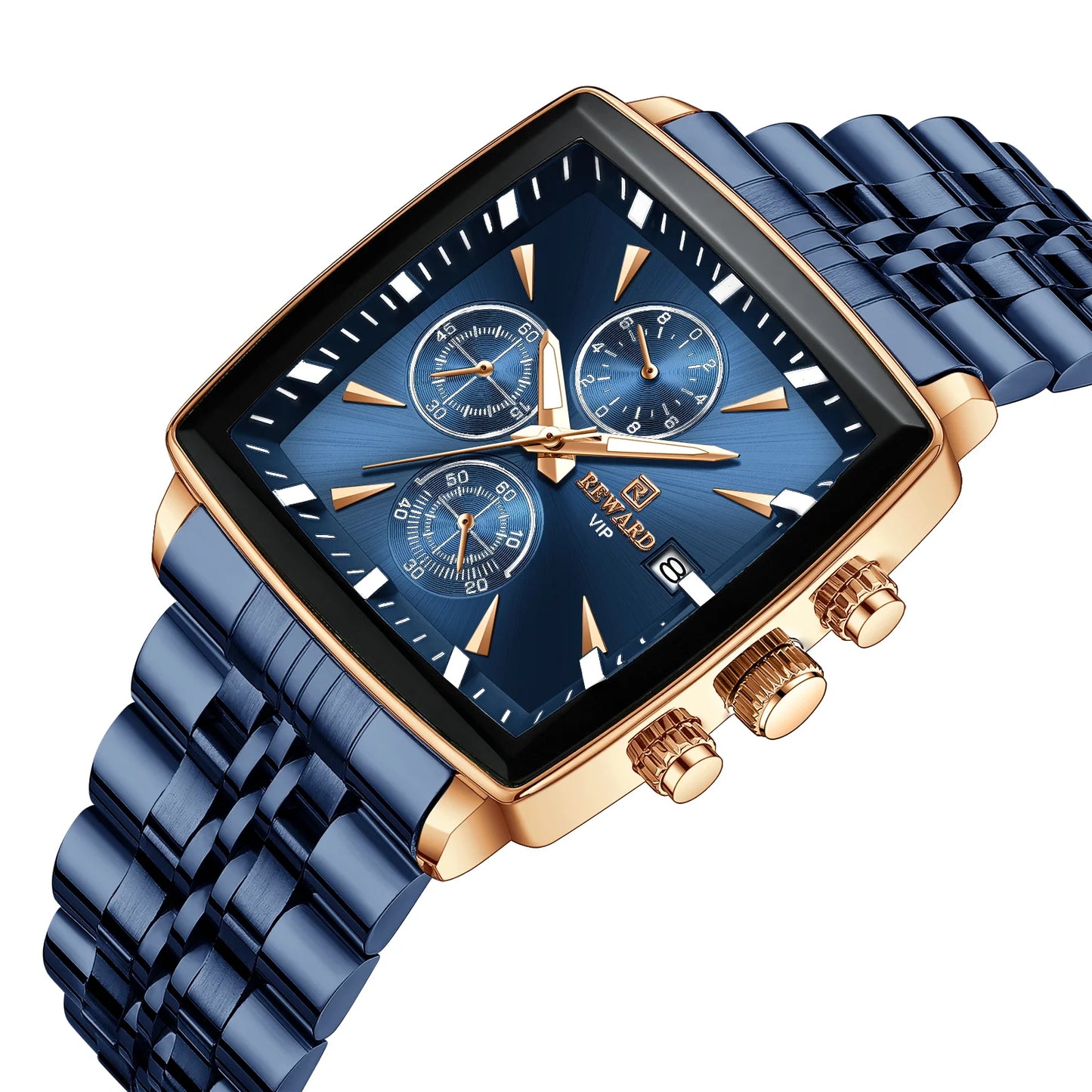 Relógio masculino estilo social elegante reward vip com formato da caixa quadrado na cor azul Marinho com dourado sua pulseira é feita em aço com tons de cor azul profundo elegante.