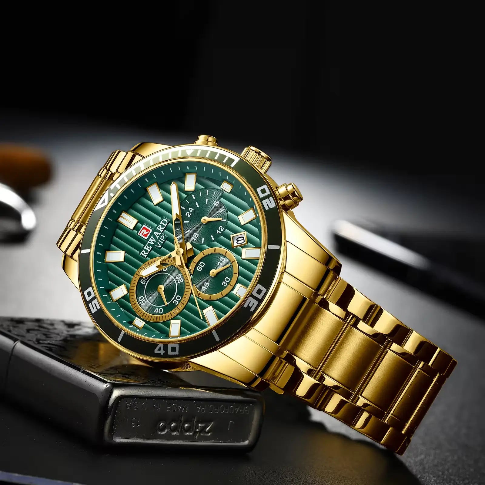 Mostrador verde com cronógrafo do relógio masculino dourado REWARD VIP