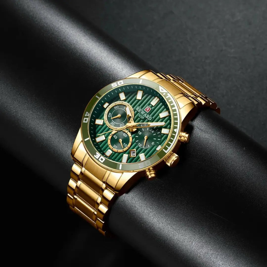 Mostrador verde com cronógrafo funcional – relógio masculino dourado REWARD VIP com design sofisticado