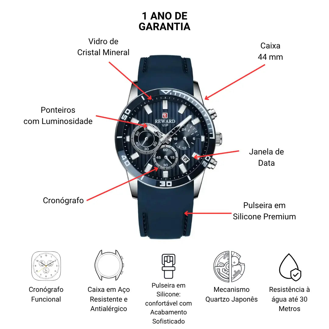 Relógio Masculino Esportivo Azul Aurion 44 mm