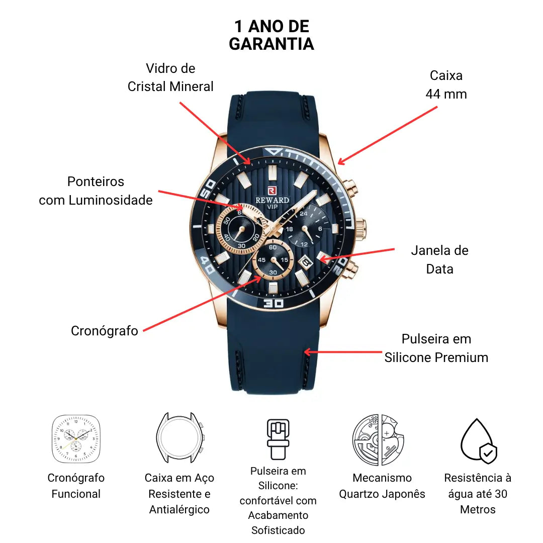 Relógio Masculino Esportivo Azul Aurion 44 mm