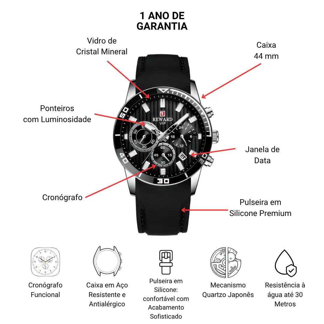 Relógio Masculino Esportivo Preto Aurion 44 mm