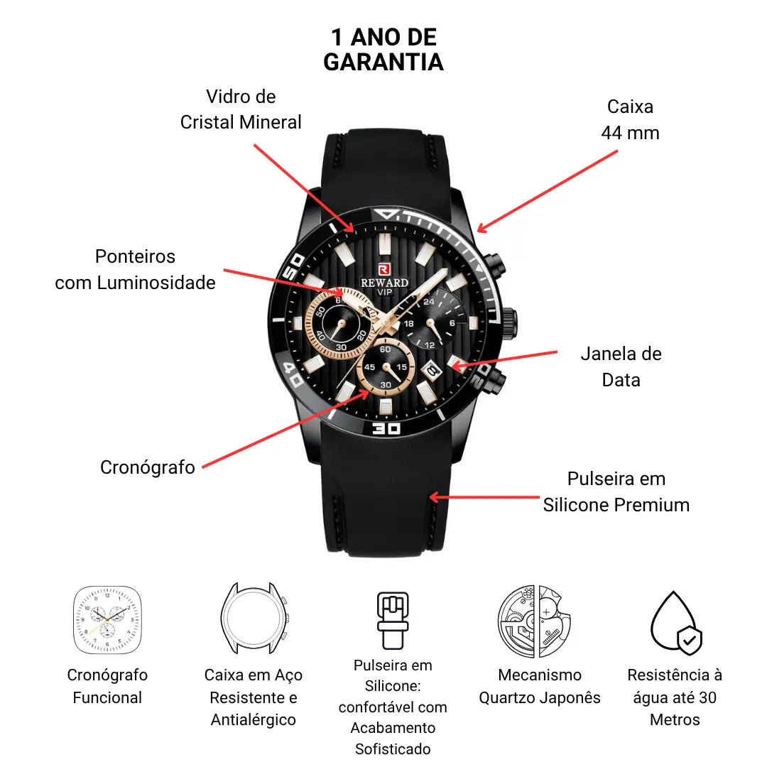 Relógio Masculino Esportivo Preto Aurion 44 mm