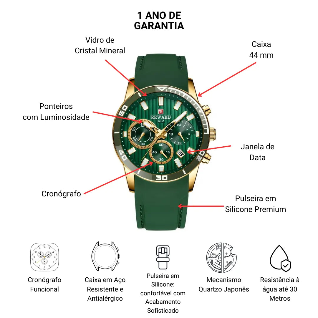 Relógio Masculino Esportivo Verde Aurion 44 mm