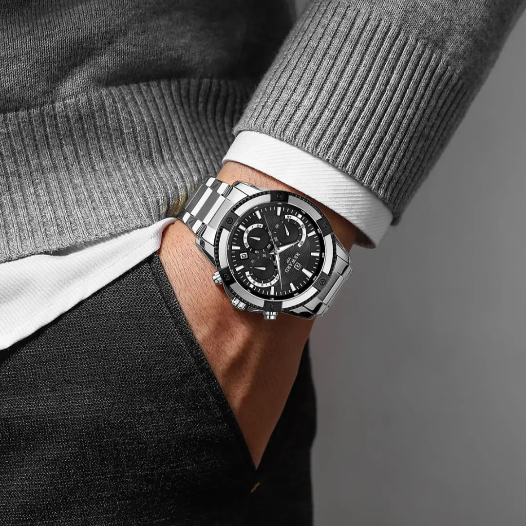 Relógio masculino prata com mostrador preto Reward VIP Vanguard com movimento quartzo - Pulso