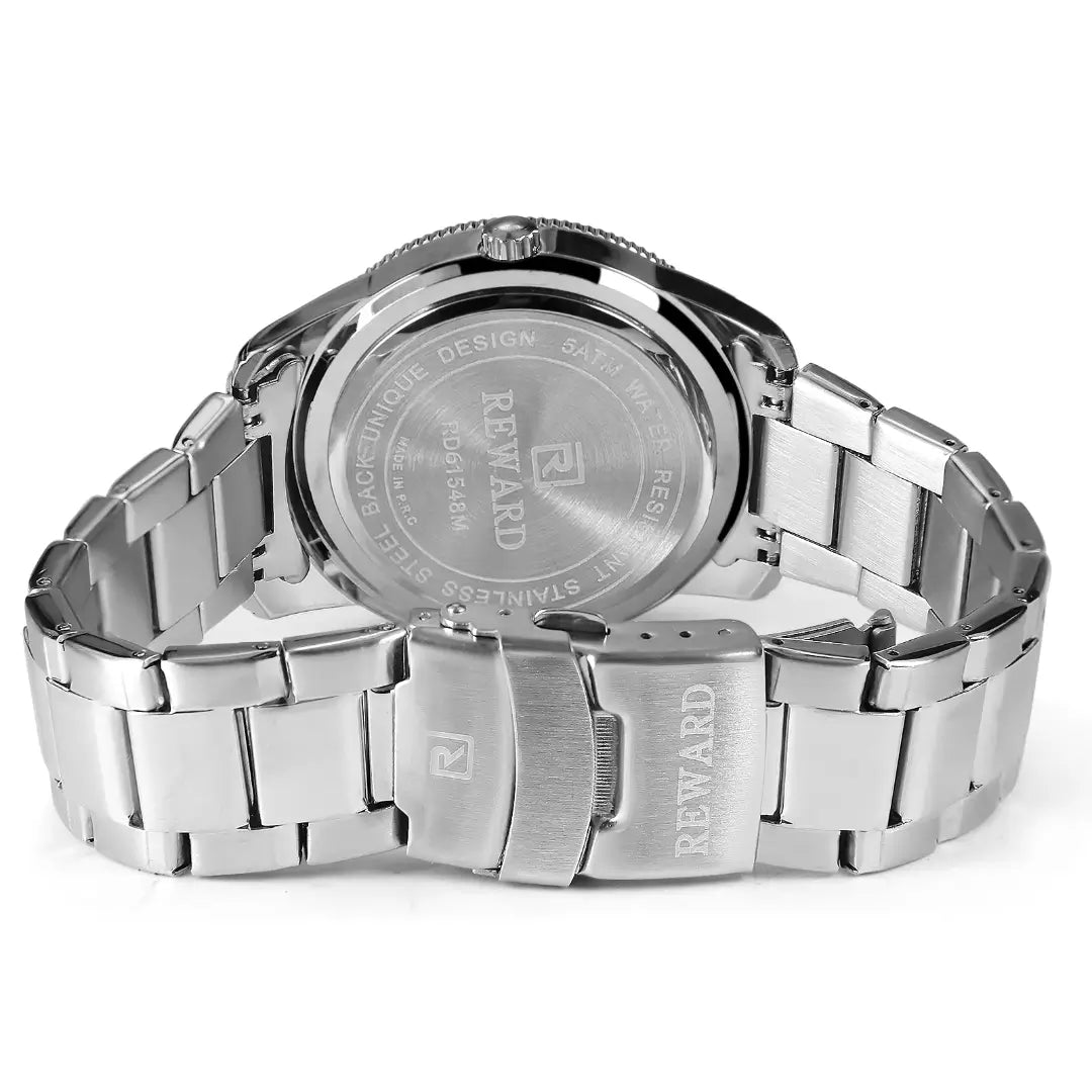 Fundo da caixa do relógio masculino prata Reward VIP Heritage com tampa metálica escovada e gravações técnicas de autenticidade