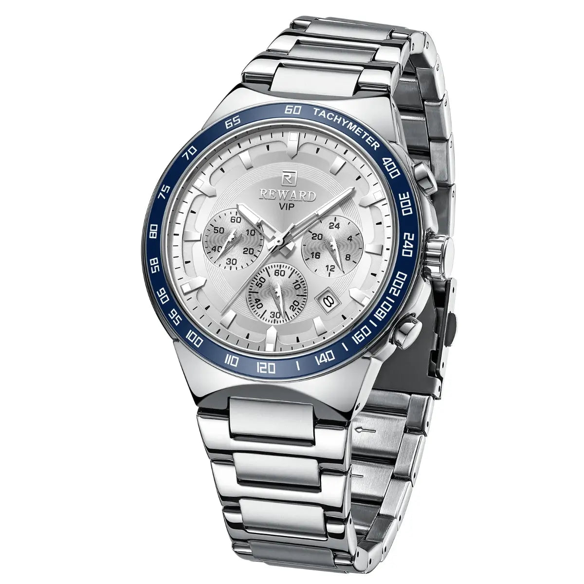 Visual lateral do relógio masculino prata Reward VIP Magnus, destacando a caixa robusta e o acabamento metálico elegante que combina com diferentes estilos do dia a dia ao social.