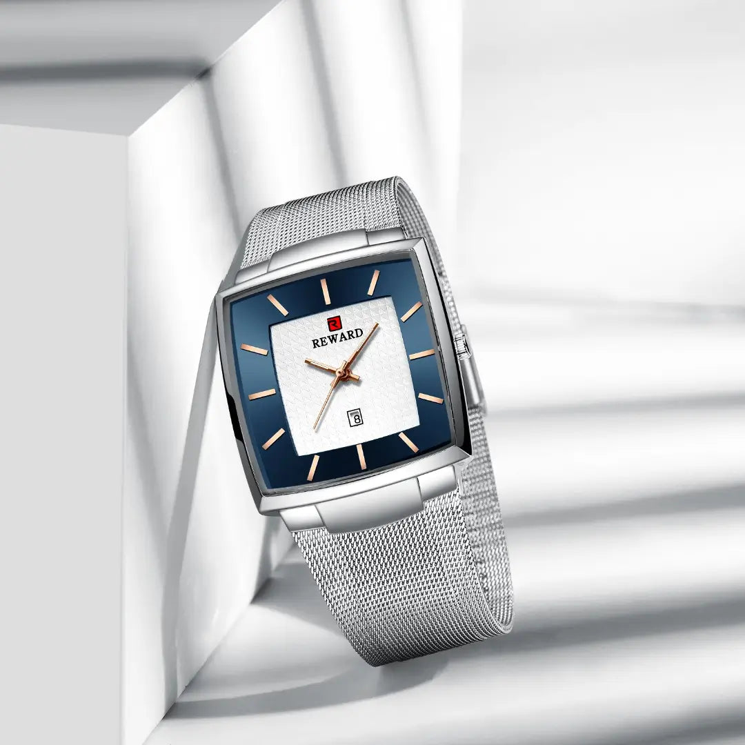 Relógio masculino prata Reward VIP Monaco Date com vista completa, incluindo mostrador quadrado, pulseira em malha metálica e acabamento refinado