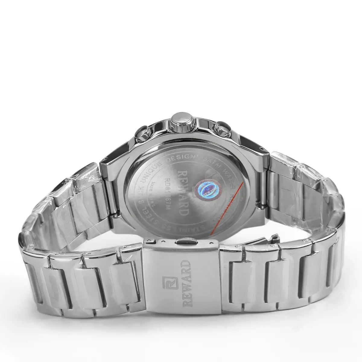 Pulseira polida do relógio masculino prata Reward VIP com acabamento brilhante em aço inox, refletindo sofisticação, durabilidade e presença marcante no visual
