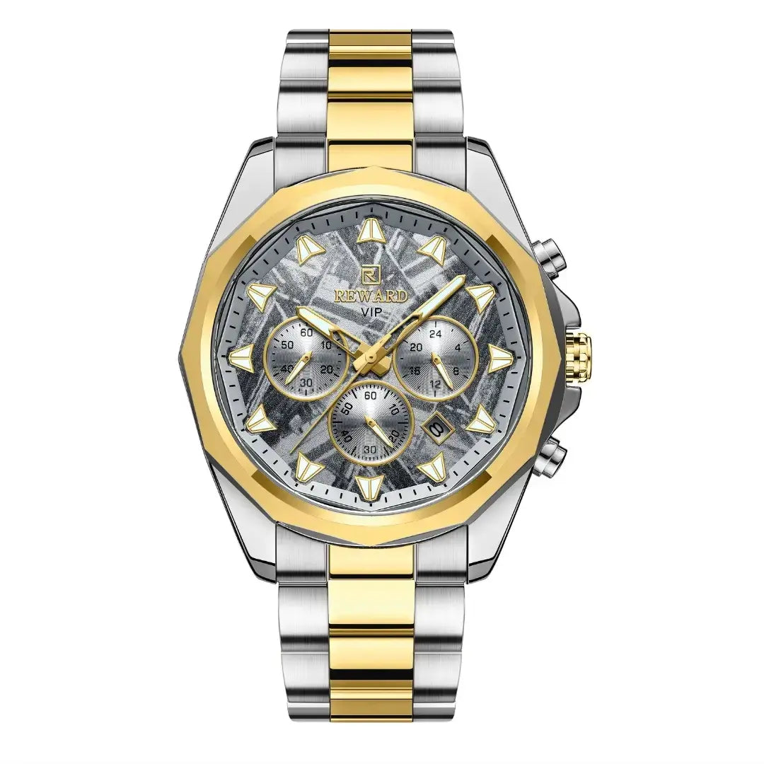 Vista frontal do relógio masculino dourado Reward VIP Vanguard, com mostrador elegante que evidencia o design refinado e acabamento de alto padrão.