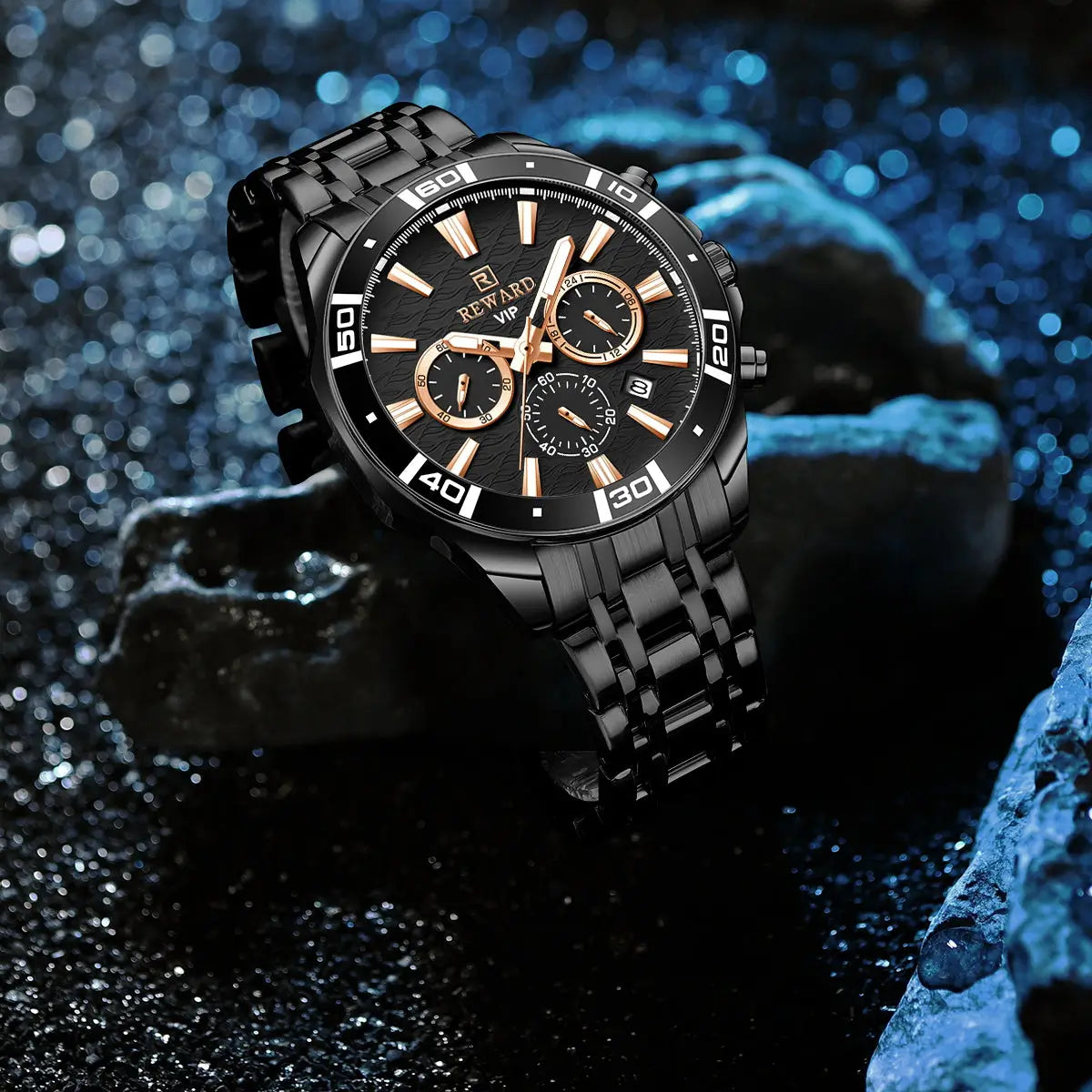 Relógio Masculino preto casual Reward VIP Essence destacando seu mostrador e cronógrafo