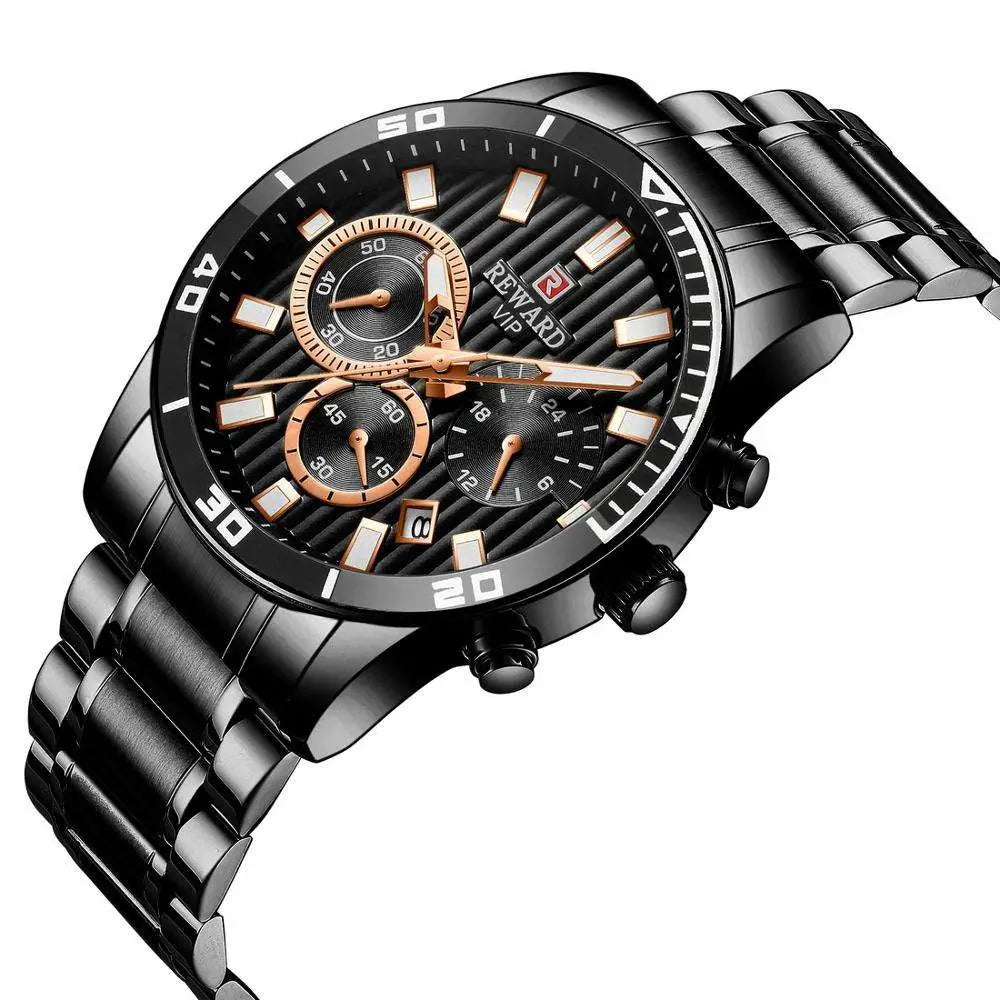 Mostrador preto com ponteiros dourado – relógio masculino elegante