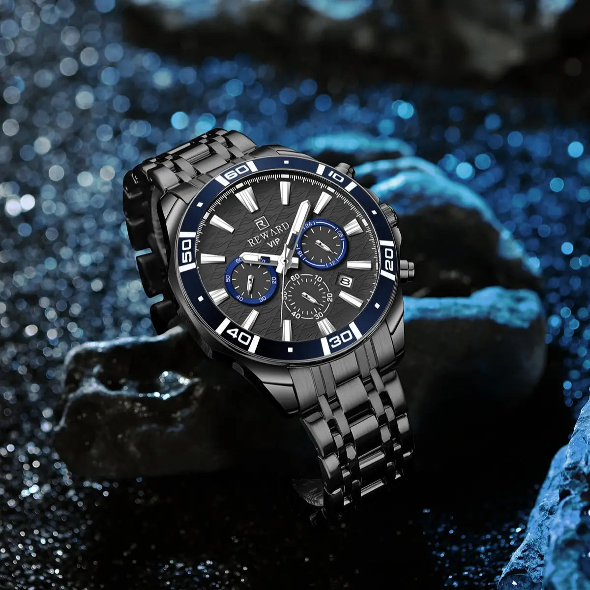 Relógio masculino reward VIP essence preto com luneta azul liso