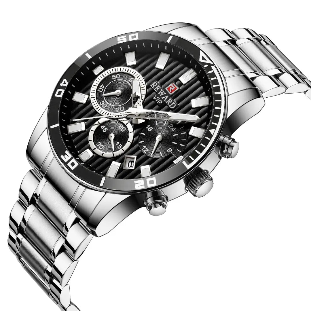 Mostrador do relógio masculino preto social Reward VIP Aurion com acabamento refinado, detalhes discretos e visual elegante ideal para ocasiões formais