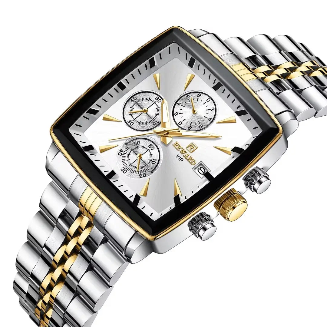 relógio masculino social reward vip monaco com formato da caixa quadrado, mostrador branco, pulseira prata com dourado e mecanismo quartzo.