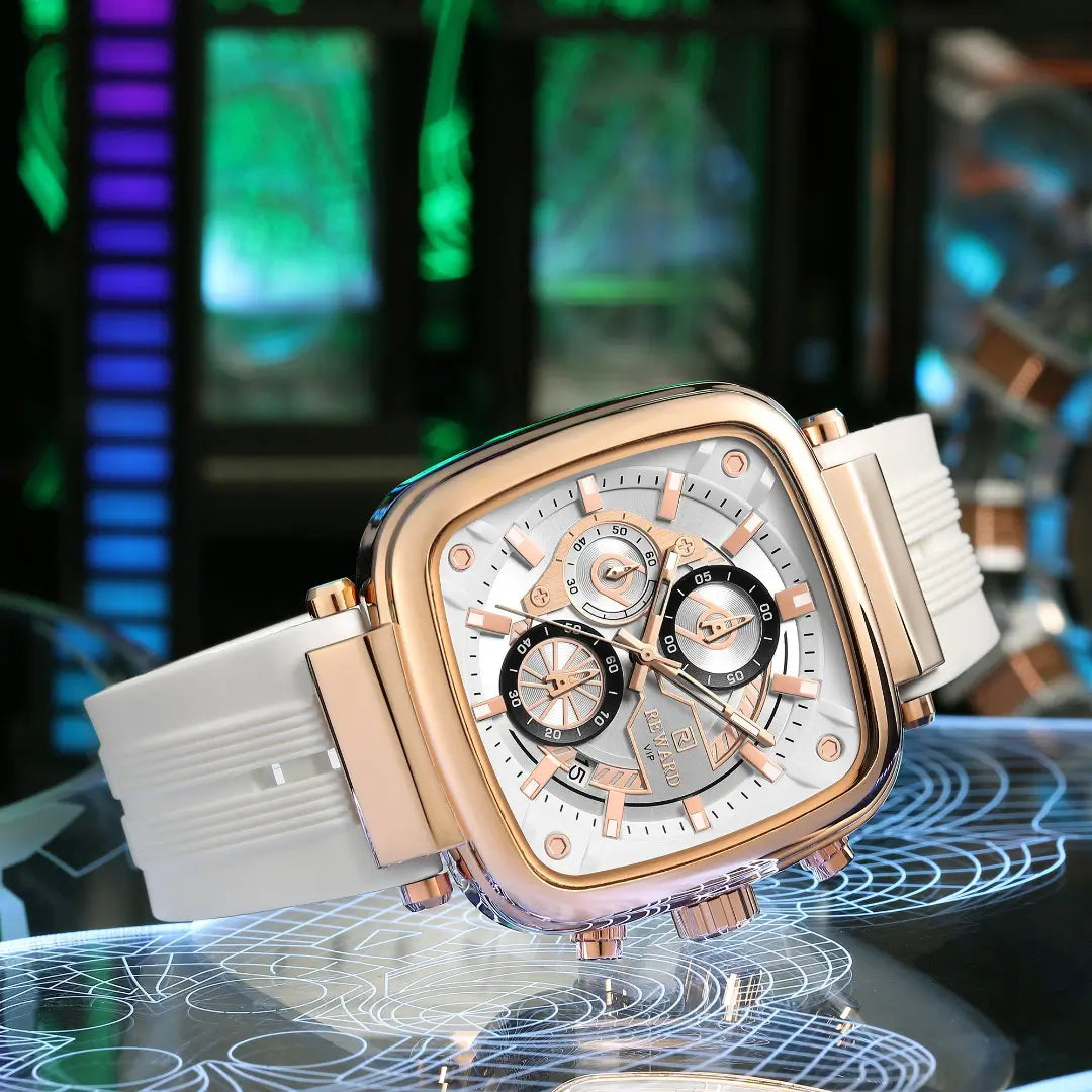 Relógio masculino quadrado Reward VIP Monaco Sport com caixa rose gold e pulseira em borracha