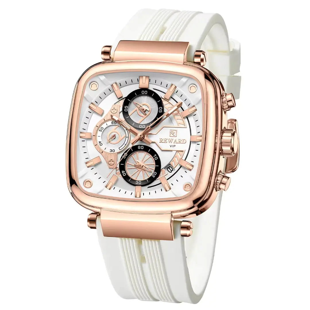 Relógio masculino quadrado branco Reward VIP Monaco Sport com caixa rose gold em destaque sobre fundo branco, mostrando contraste elegante e acabamento refinado