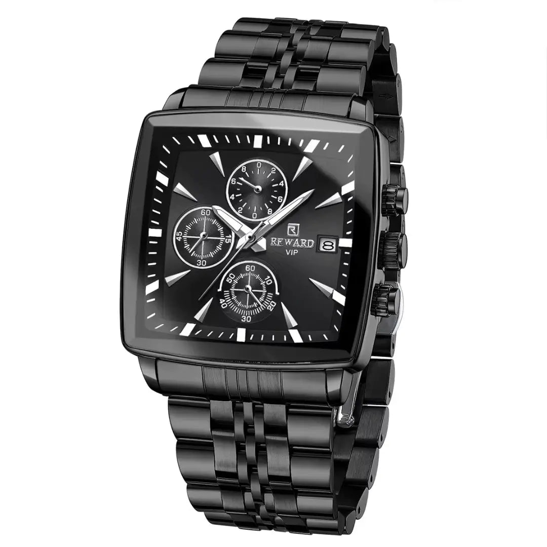 Relógio masculino quadrado preto Reward VIP Monaco visto em ângulo lateral, mostrando espessura da caixa e acabamento detalhado
