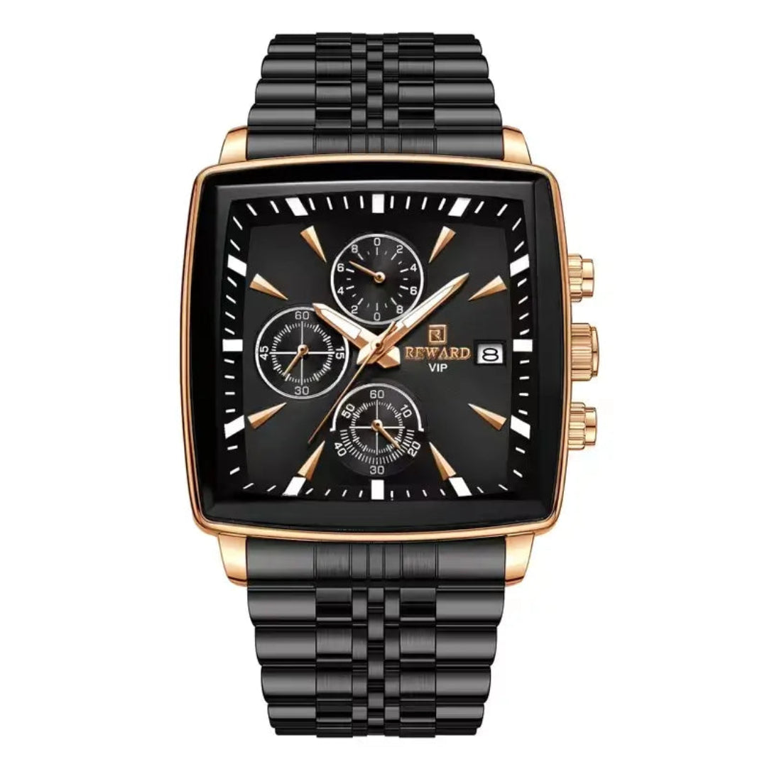 Relógio masculino sofisticado com tons de cor preto, caixa feita em aço na cor dourado com detalhes e mostrador na cor preta com índices e ponteiros dourado