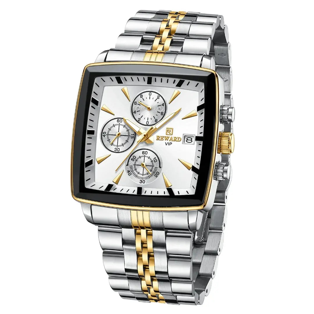 relógio masculino social reward vip monaco com formato da caixa quadrado, mostrador branco, pulseira prata com dourado e mecanismo quartzo.