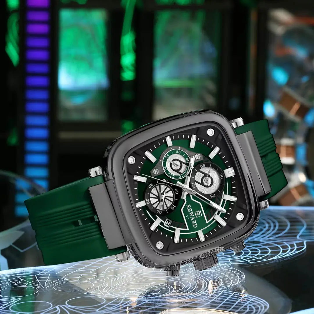 Mostrador verde com bordas pretas do relógio masculino quadrado REWARD VIP