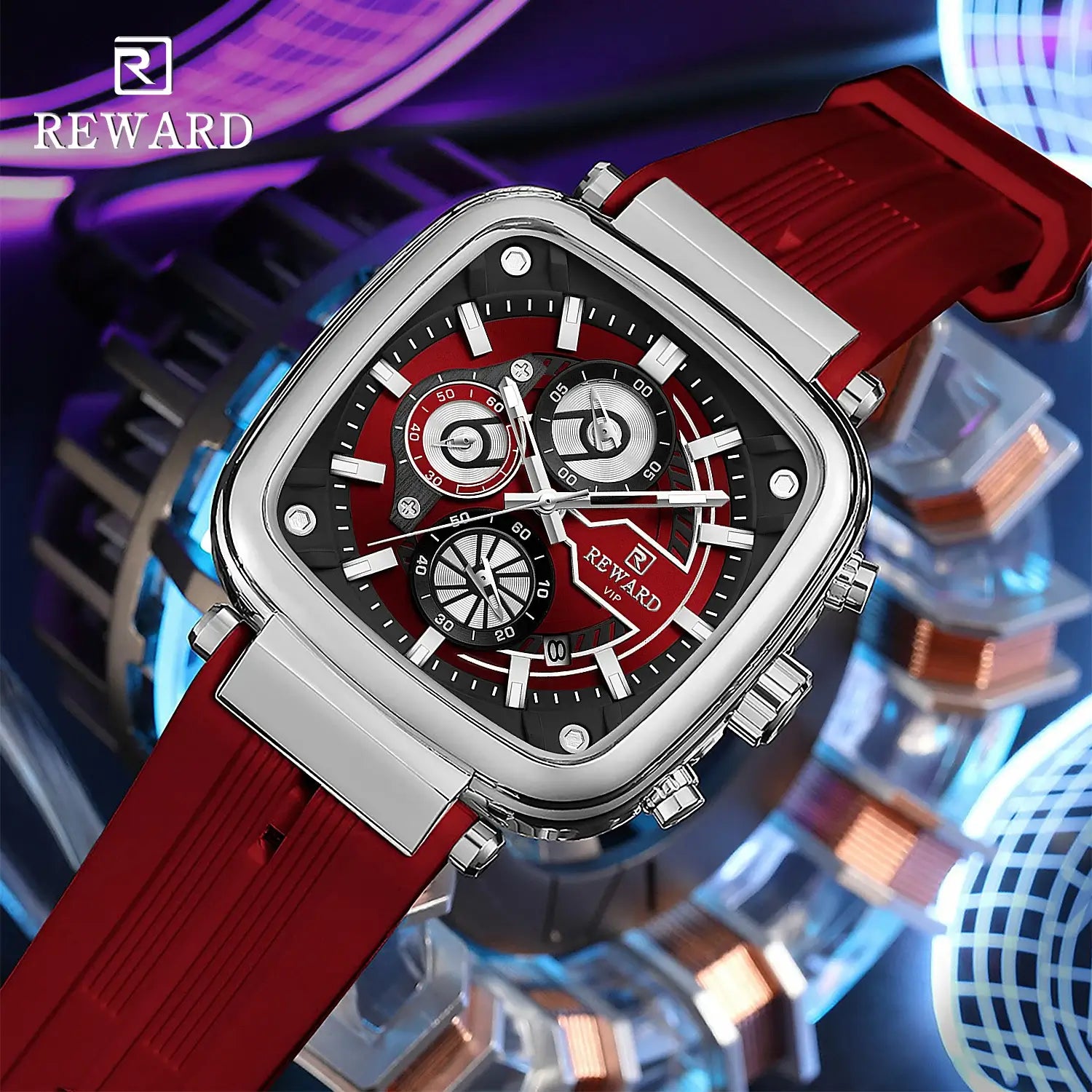Relógio masculino quadrado Reward VIP Monaco Sport detalhes do mostrador vermelho com caixa em prata