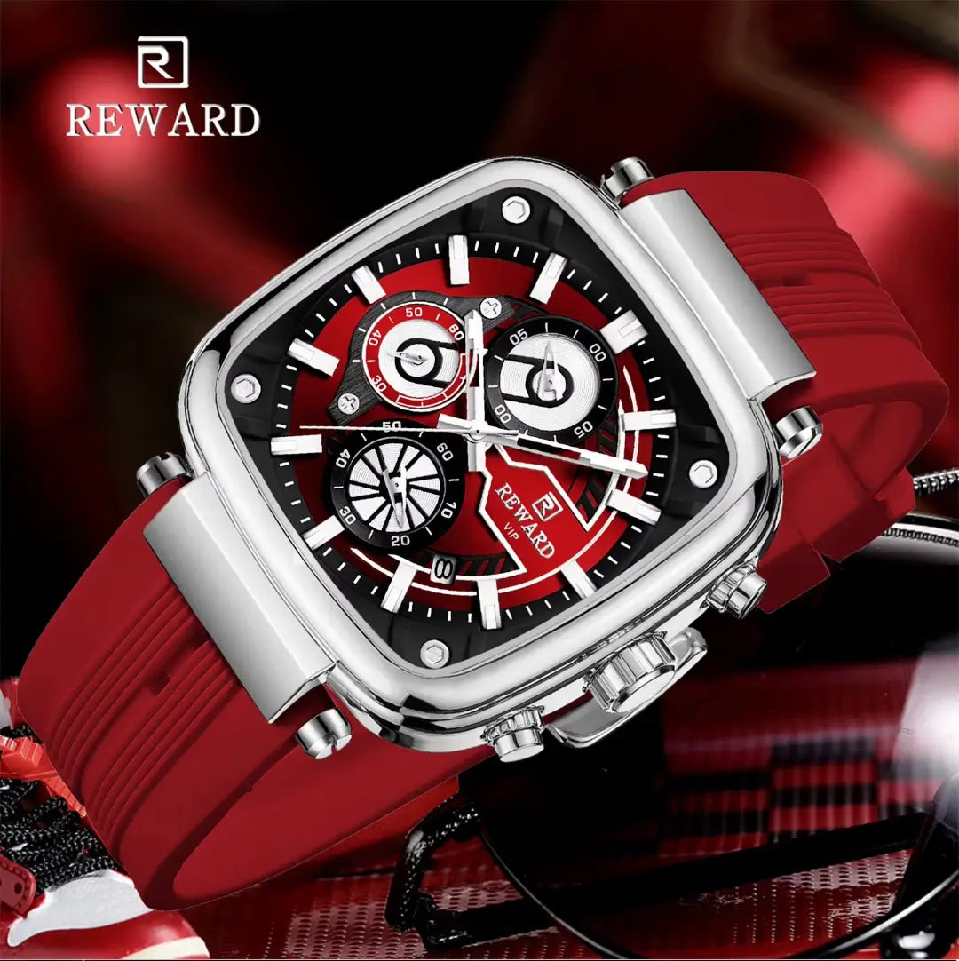 Mostrador vermelho com bordas pretas do relógio masculino quadrado REWARD VIP