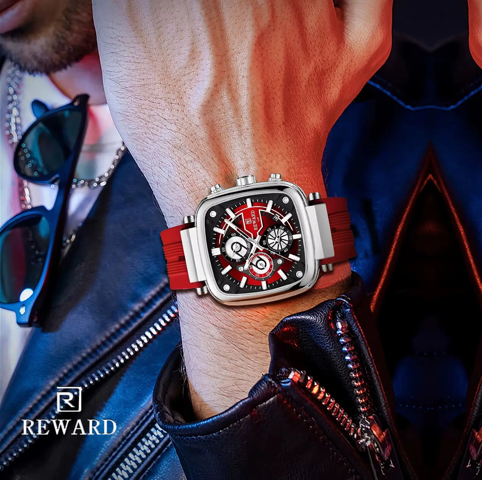 Mostrador vermelho com bordas pretas do relógio masculino quadrado REWARD VIP