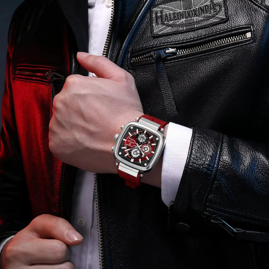 Relógio masculino quadrado vermelho REWARD VIP no pulso – estilo moderno e casual