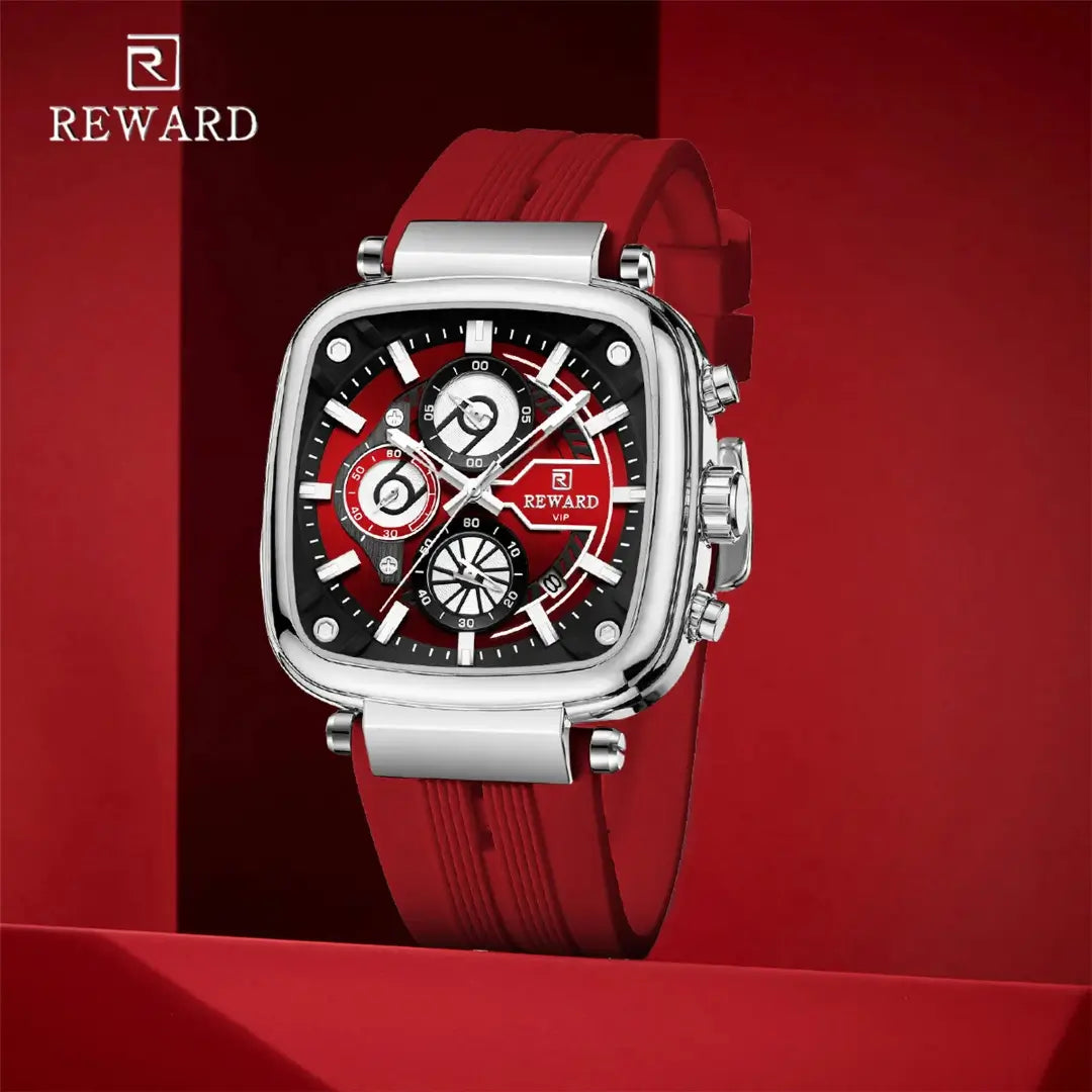Relógio masculino quadrado vermelho Reward VIP Monaco Sport posicionado sobre fundo vermelho, com contraste visual que destaca o mostrador e o design esportivo