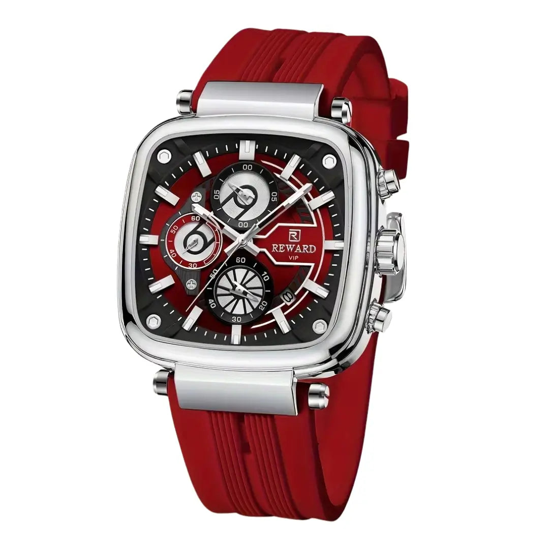 Vista lateral do relógio masculino quadrado vermelho Reward VIP Monaco Sport com fundo branco, destacando espessura da caixa e coroa metálica