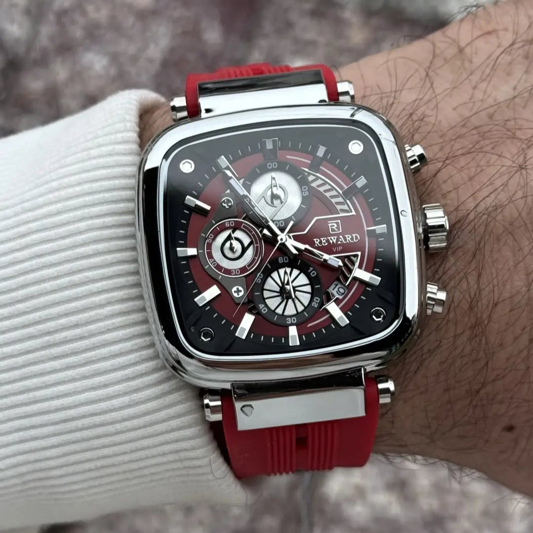 Relógio masculino vermelho quadrado Reward VIP Monaco Sport usado no pulso, com design esportivo, mostrador vibrante e pulseira confortável