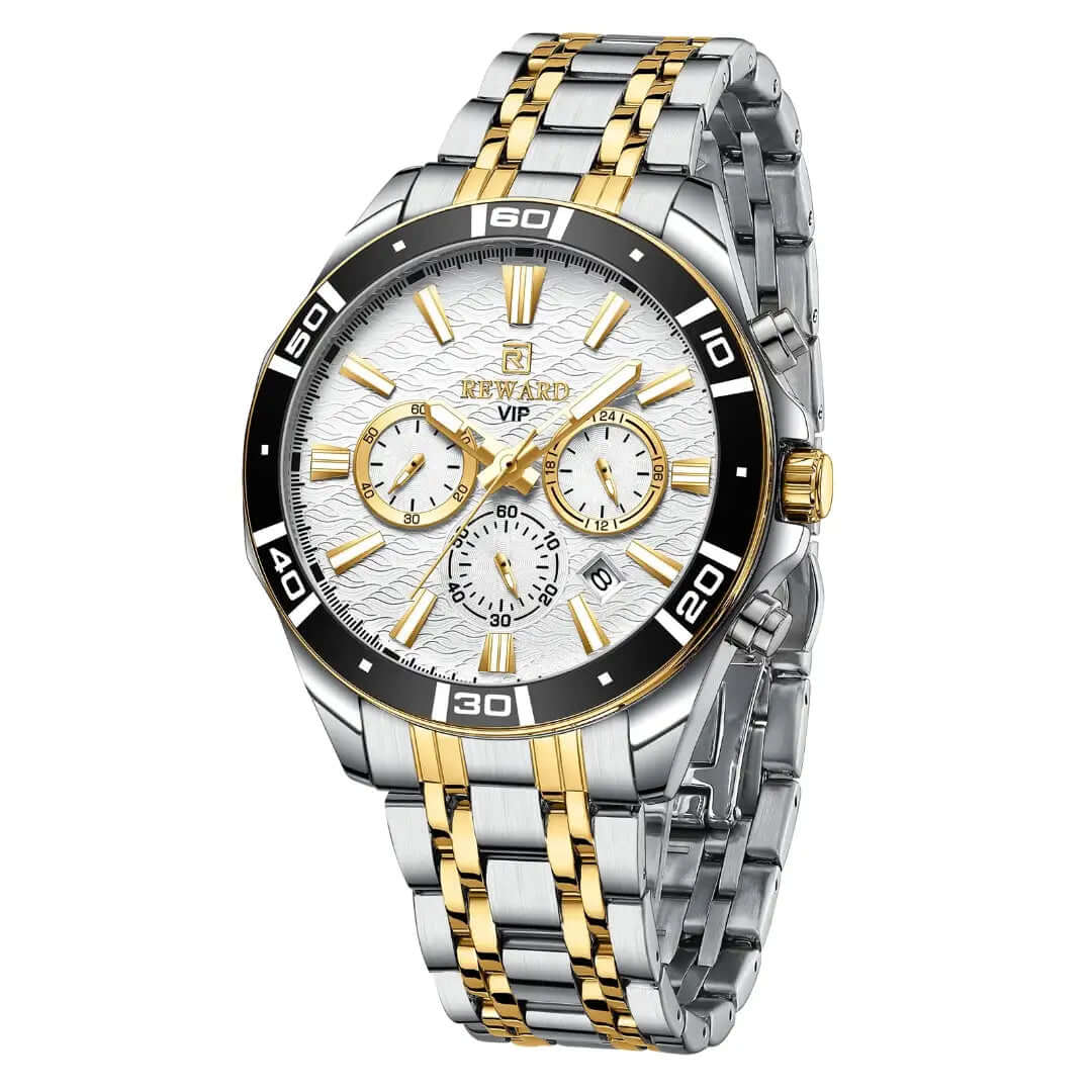 Relógio masculino REWARD VIP dourado com acabamento em aço e detalhes luxuosos sobre fundo branco