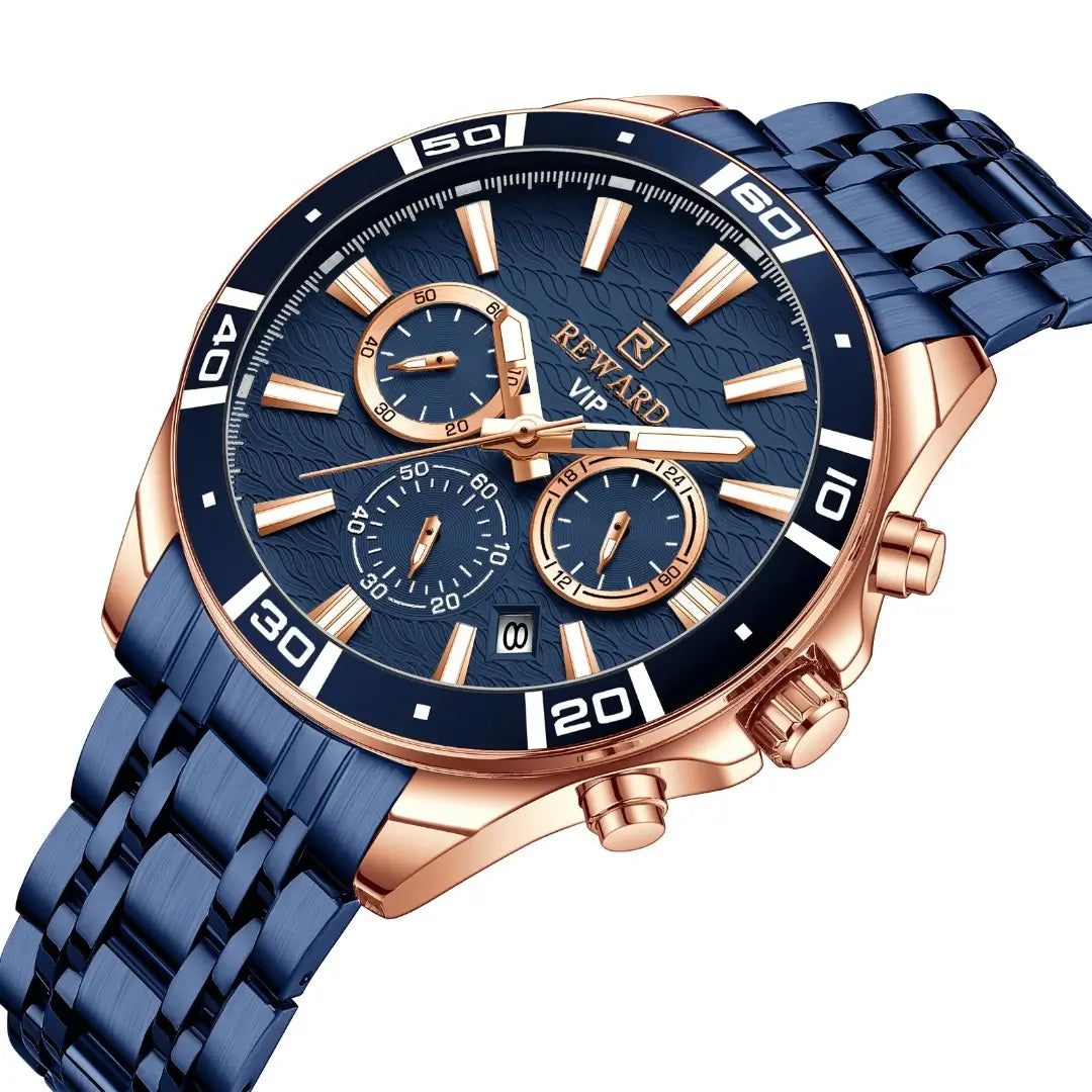 Relógio masculino REWARD VIP azul com detalhes em dourado rosé, cronógrafo sofisticado e pulseira de aço premium.