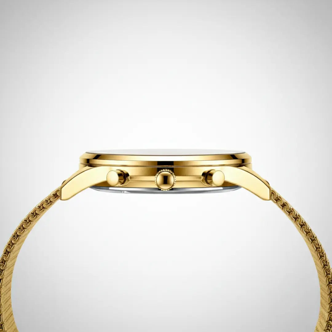 Vista lateral da caixa do relógio minimalista masculino Linéar dourado 45 mm com fundo clean