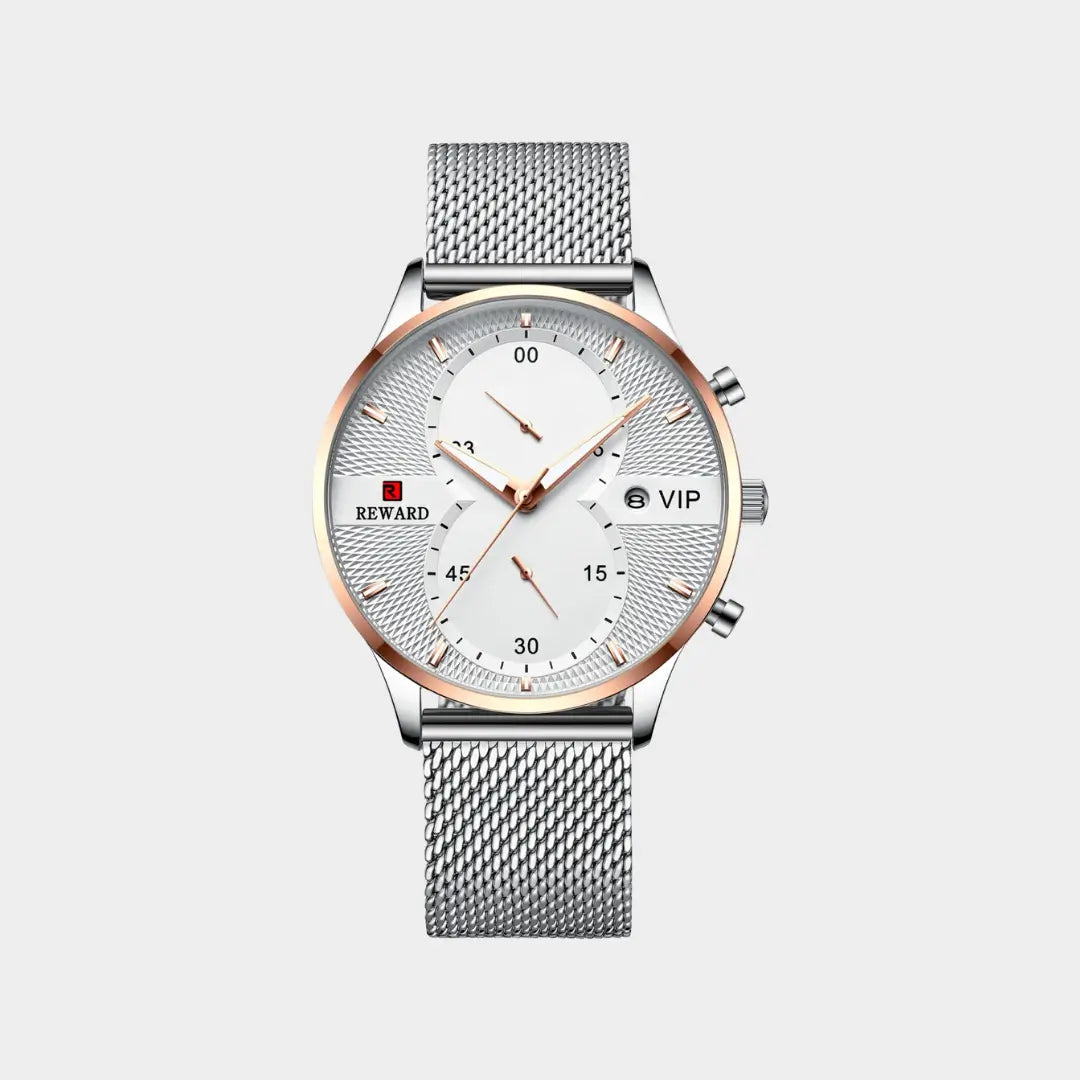 Relógio minimalista masculino Linéar prata 45 mm com pulseira mesh em aço visto de frente