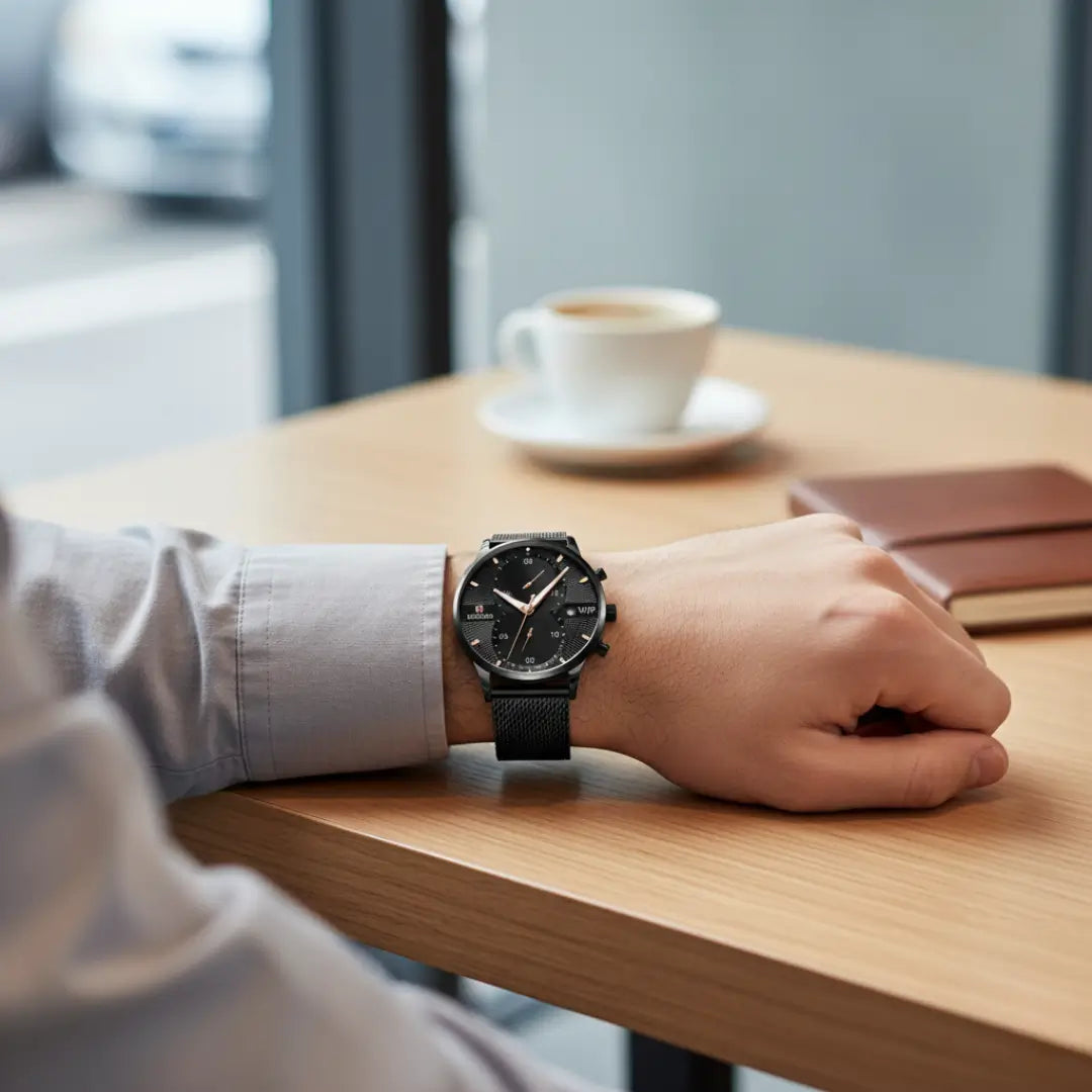 Relógio minimalista masculino preto Linéar 45 mm com pulseira mesh em ambiente de café