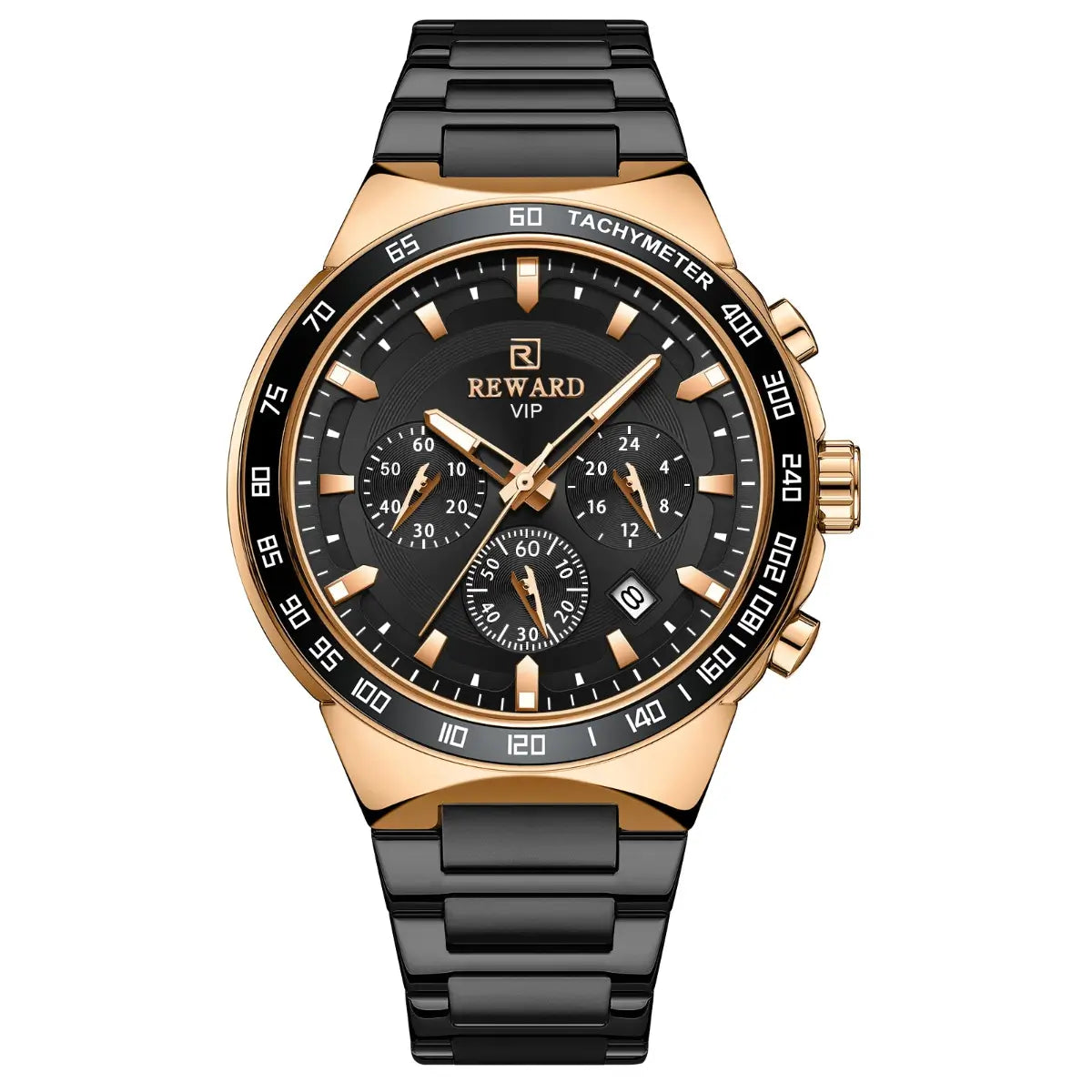 Imagem frontal do relógio masculino preto e dourado Reward VIP Magnus, destacando o design sofisticado, mostrador elegante e acabamento refinado.
