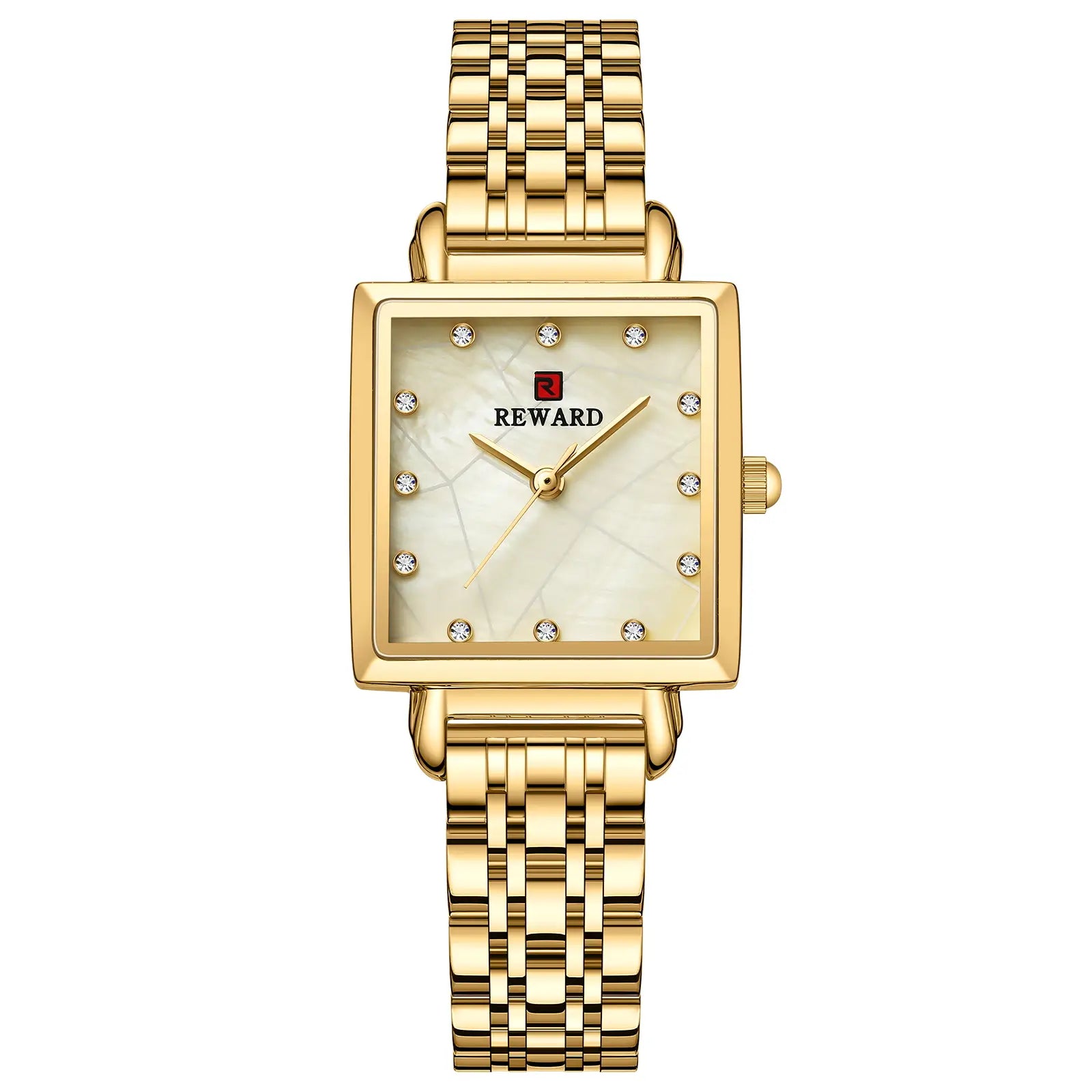 Relógio quadrado feminino pequeno dourado Reward VIP Élise visto de frente destacando seu design quadrado em dourado